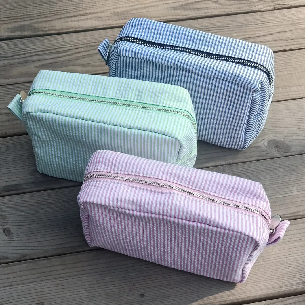 Striped Cosmetic Women Makeup Bags Double Layers Travelling Pouches