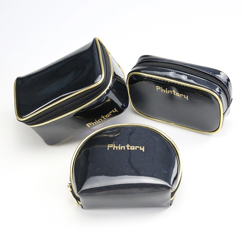 Wholesale Luxury Black Shiny PU Toiletry Cosmetic Bag Travel Bag