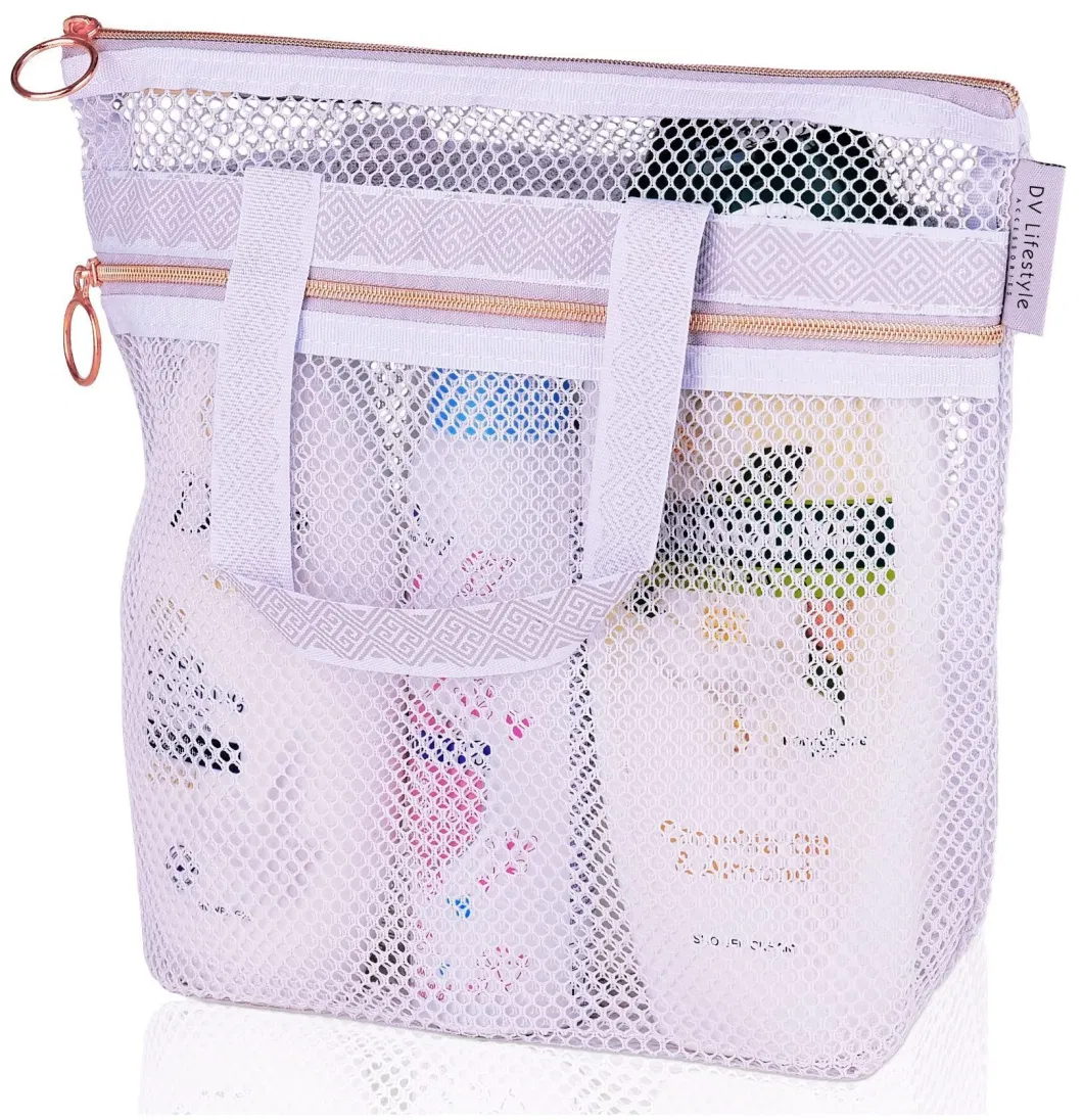 (WD12967) Portable Shower Tote Clear Mesh Makeup Bag Organizer Travel Toiletry Bag Mesh Beach Bag