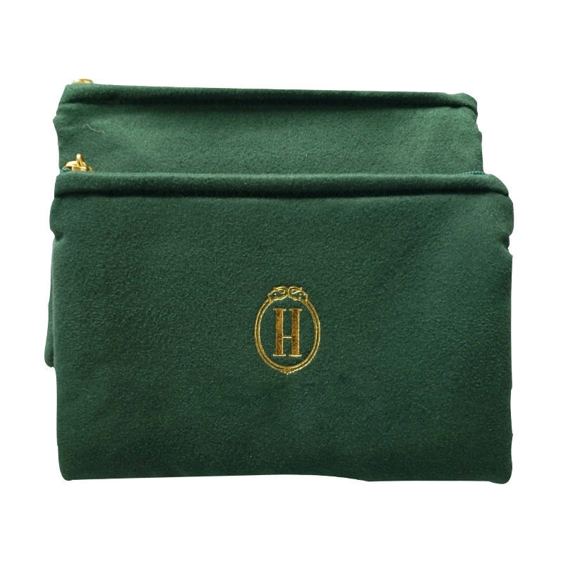 Suede Velvet Custom Embroidery Logo Pouch Luxury Beauty Makeup Zipper Closure Travel Professional Cosmetic Green Bag