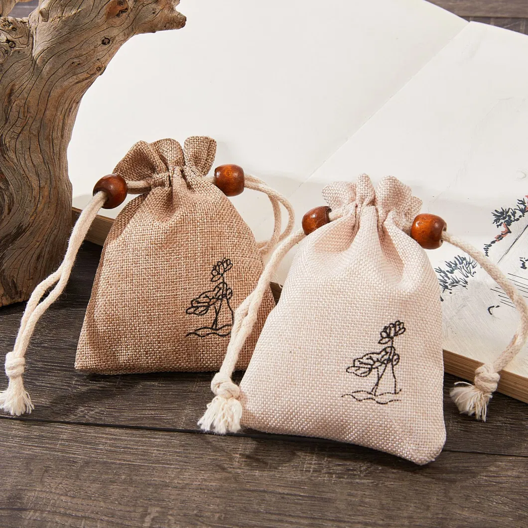 High Quality Gray Jute Linen Drawstring Gift Packaging Cosmetic Bag Skincare Product Packaging Jute Burlap Makeup Pouch