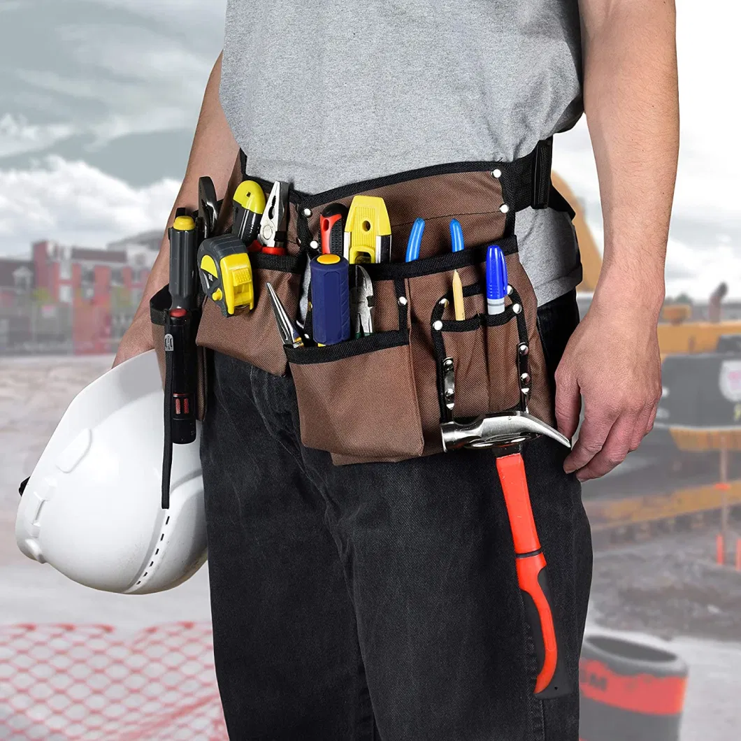 11 Pocket Brown and Black Heavy Duty Construction Tool Belt Work Apron Tool Pouch with Poly Web Belt Quick Release Buckle