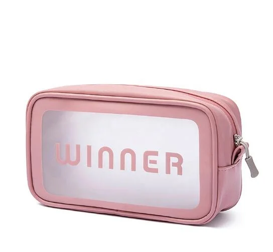 Hot Sell Private Label Pink Transparent Makeup Bag Travel PU Clear Cosmetic Bag