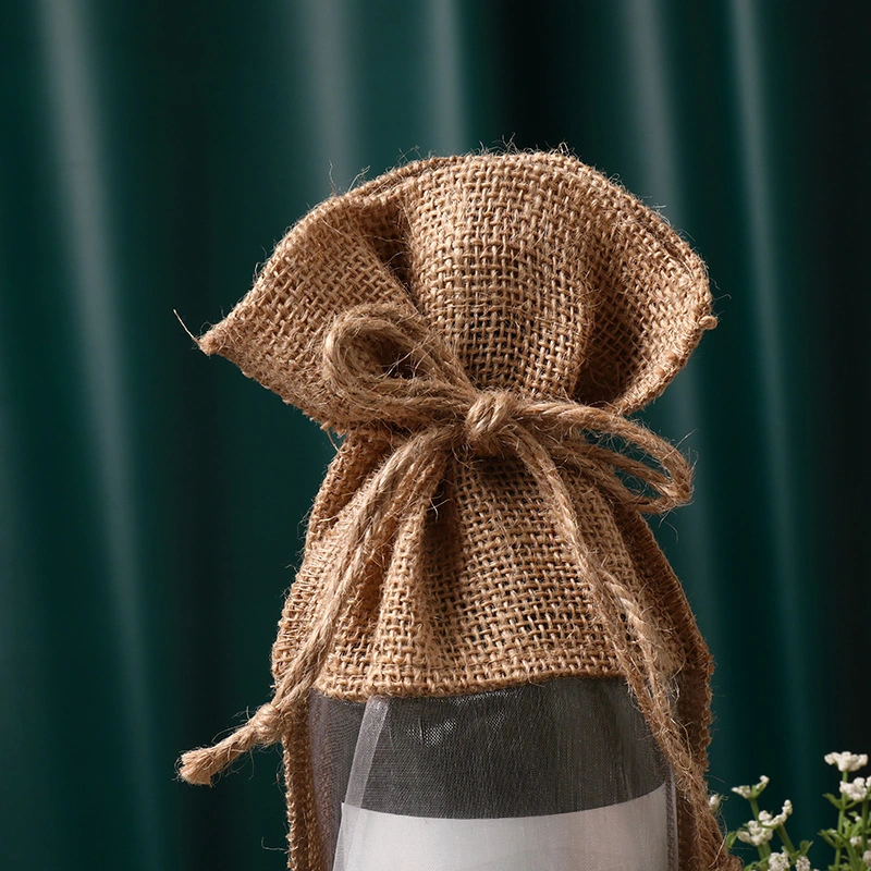 Customized Burlap Hessian Linen Hemp-Cloth Gunny Sack Wine Bottle Packaging Storage Shopping Tote Gift Glass Carrier Pouch PVC Mesh Window Jute Drawstring Bag