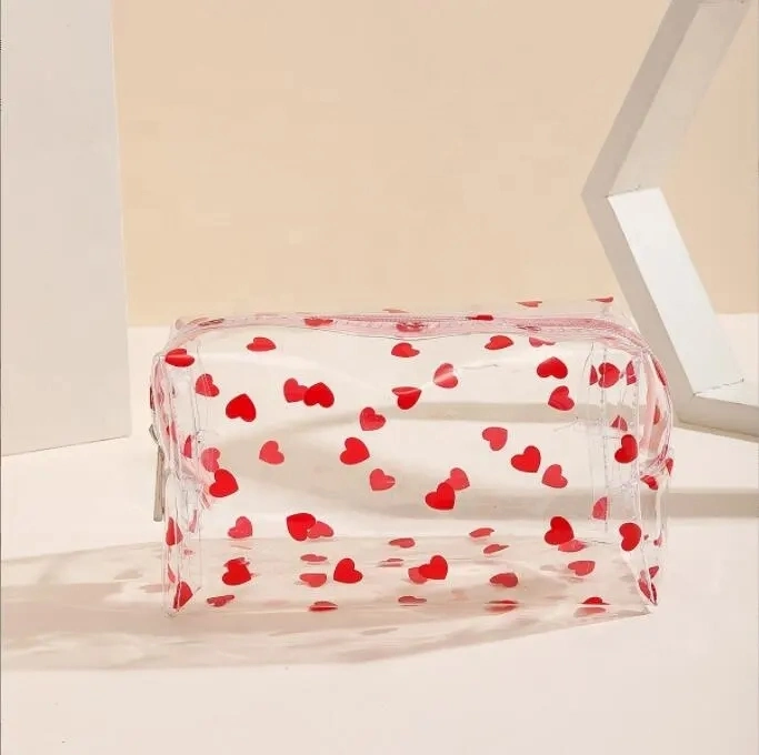 Heart Floral Zipper Transparent Makeup Pouch Bag Wholesale Bulk Custom Logo Travel Clear PVC Cases Cosmetic Bags