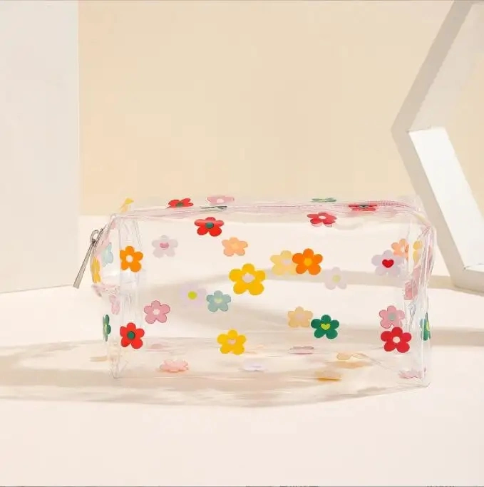 Heart Floral Zipper Transparent Makeup Pouch Bag Wholesale Bulk Custom Logo Travel Clear PVC Cases Cosmetic Bags