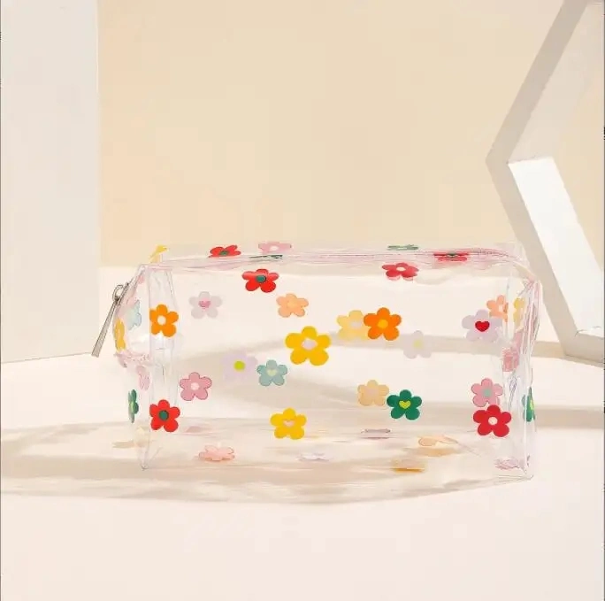 Heart Floral Zipper Transparent Makeup Pouch Bag Wholesale Bulk Custom Logo Travel Clear PVC Cases Cosmetic Bags