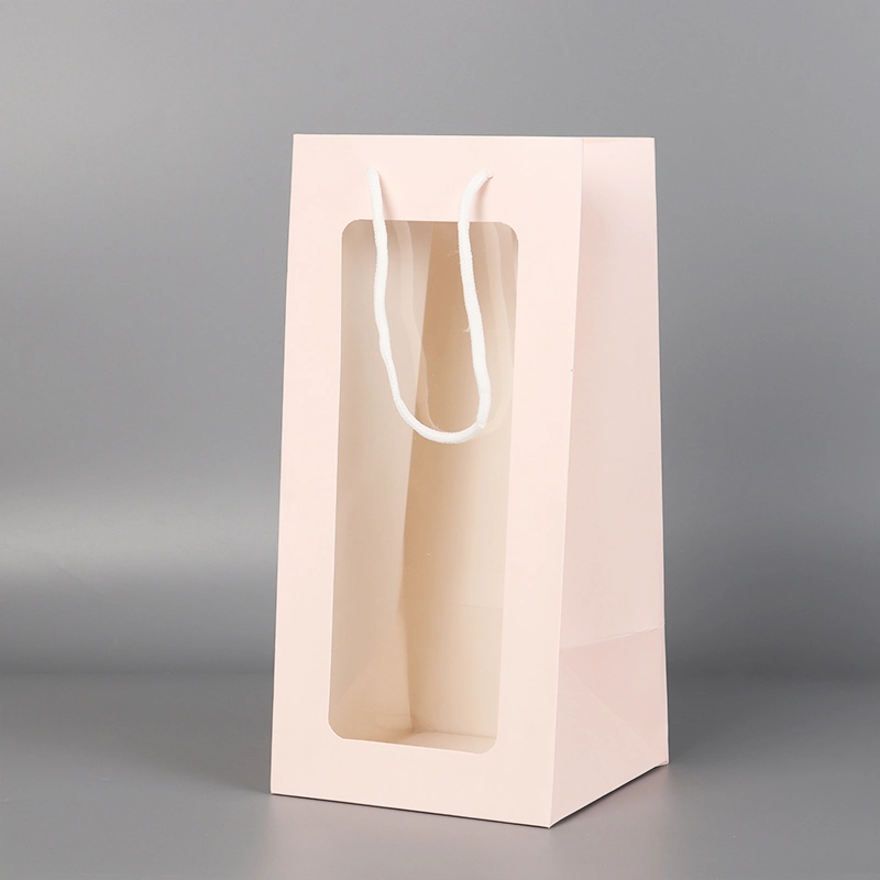 Wholesale Stock Long Stylegift Kraft Paper Glass Bottle Cosmetics Handheld Printing Tote Carrier Flower Red Wine Wedding Shopping Paper PVC Window Packaging Bag