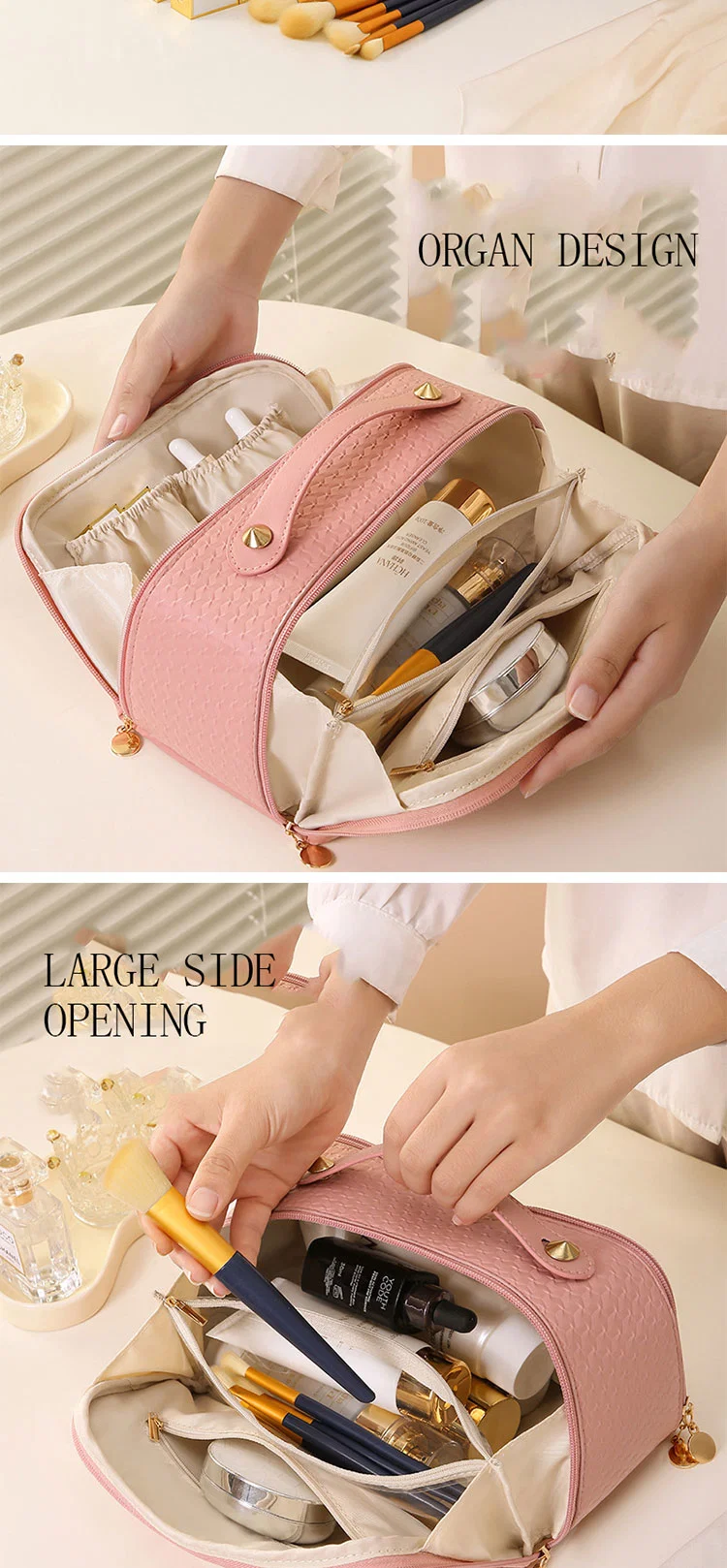 Pink PU Leather Cosmetic Storage Travel Cosmetic Bag New Fashion Style Portable Wash Bag Customize Logo