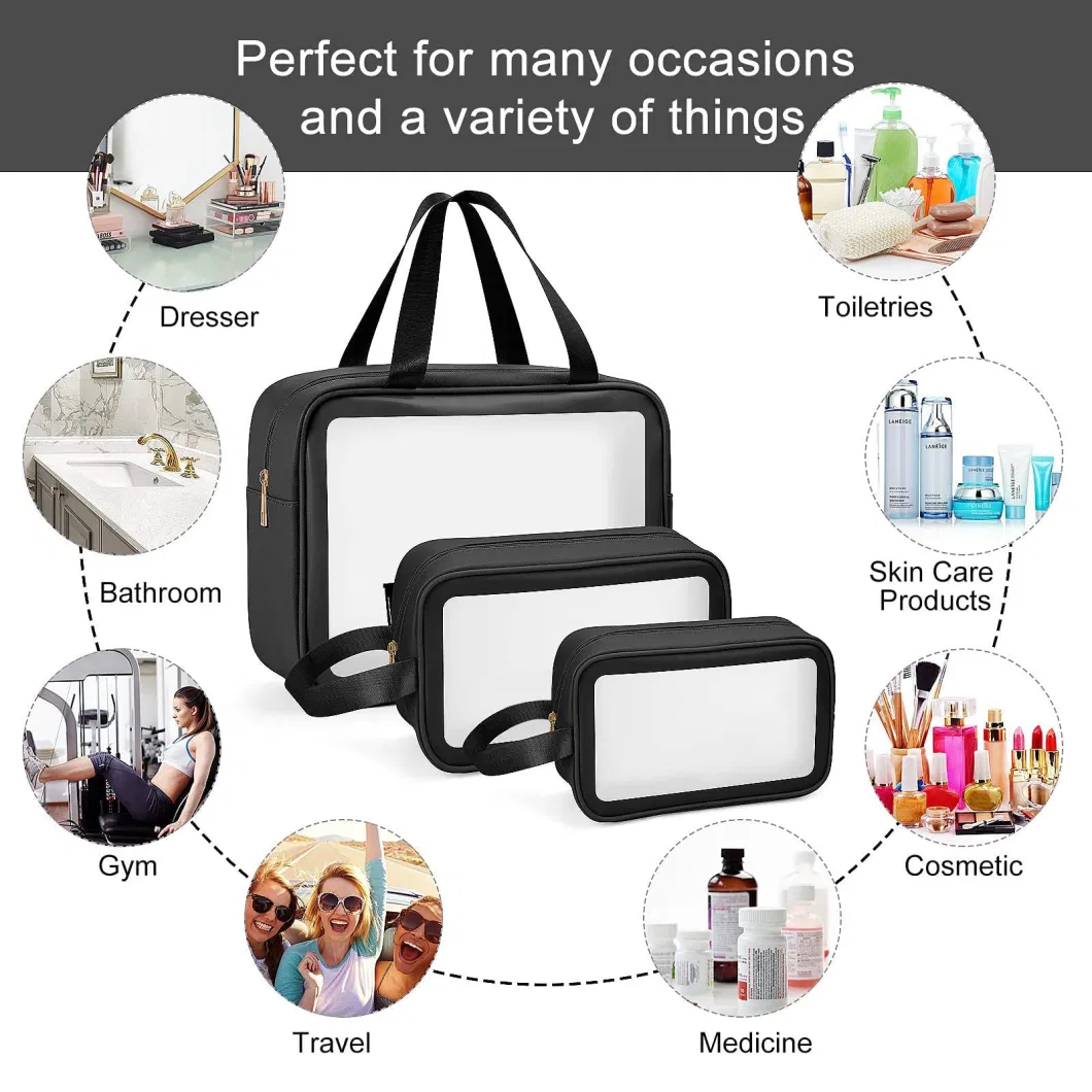 Custom Printed Clear Cosmetic Bags PU Leather and PVC Make up Storage Tote Bag Makeup Case Waterproof Transparent Toiletry Bags