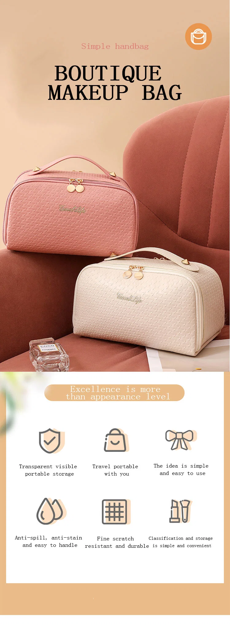 Pink PU Leather Cosmetic Storage Travel Cosmetic Bag New Fashion Style Portable Wash Bag Customize Logo