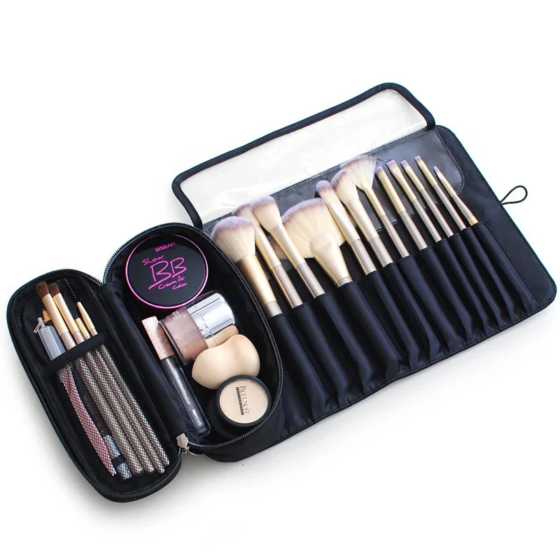 High Capacity Custom Logo Premium Black Pink PU Zipper Folding Travel Make up Pouch Beauty Makeup Brush Cosmetic Bag