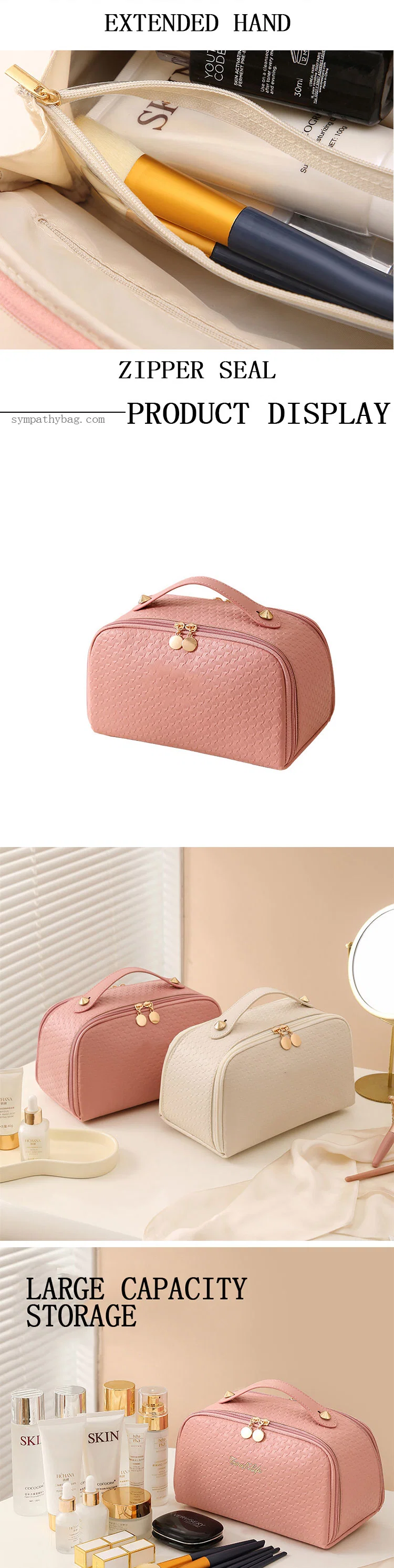 Pink PU Leather Cosmetic Storage Travel Cosmetic Bag New Fashion Style Portable Wash Bag Customize Logo