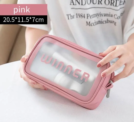 Hot Sell Private Label Pink Transparent Makeup Bag Travel PU Clear Cosmetic Bag