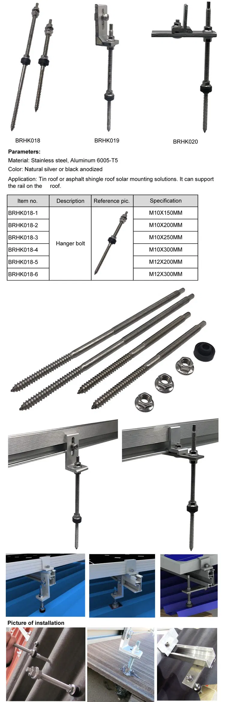 Rooftop Mounting Easy Installation L-Feet 200mm 300mm150mm180mm Threaded Hanger Screw Bolt Solar Dowel Rack