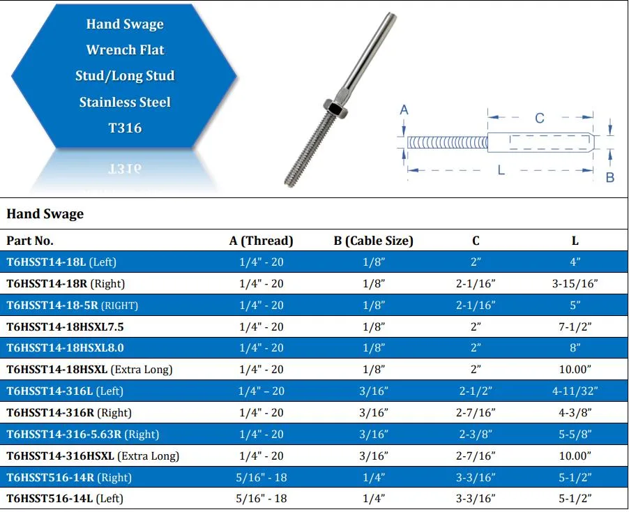 Decks Fittings Stainless Steel Swage Stud for 1/8&quot; Cable AISI 316