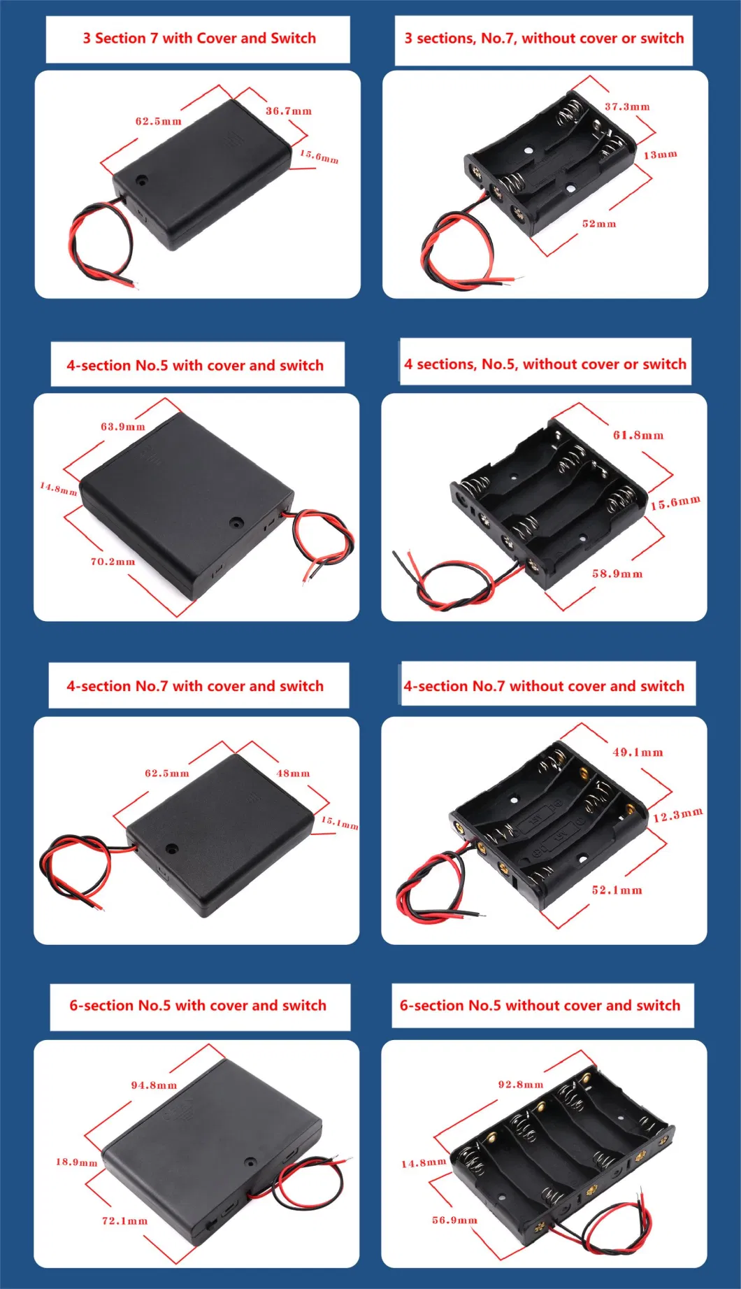 Battery Holder with Switch for 5 AA Batteries, Compatible with 18650 Battery, 1/2/37/4/6/8 Section, No Soldering Required for Series Connection, Output Voltage