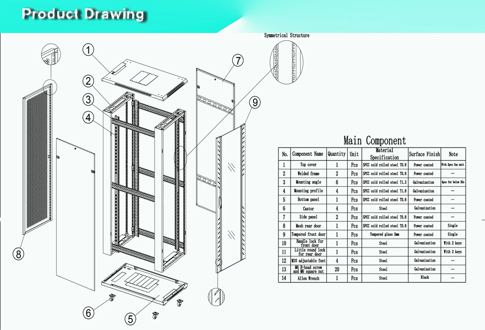 Tempered Glass Door 19 Inch 42u Network Rack for Cable Management