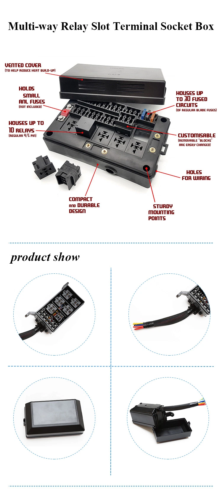 6 Slot Heavy Duty 12VDC 5 Pin Universal Switch Fuse Relay Junction Socket Box Extender Kit with Wires 40A 6 Relays 6 Fuses