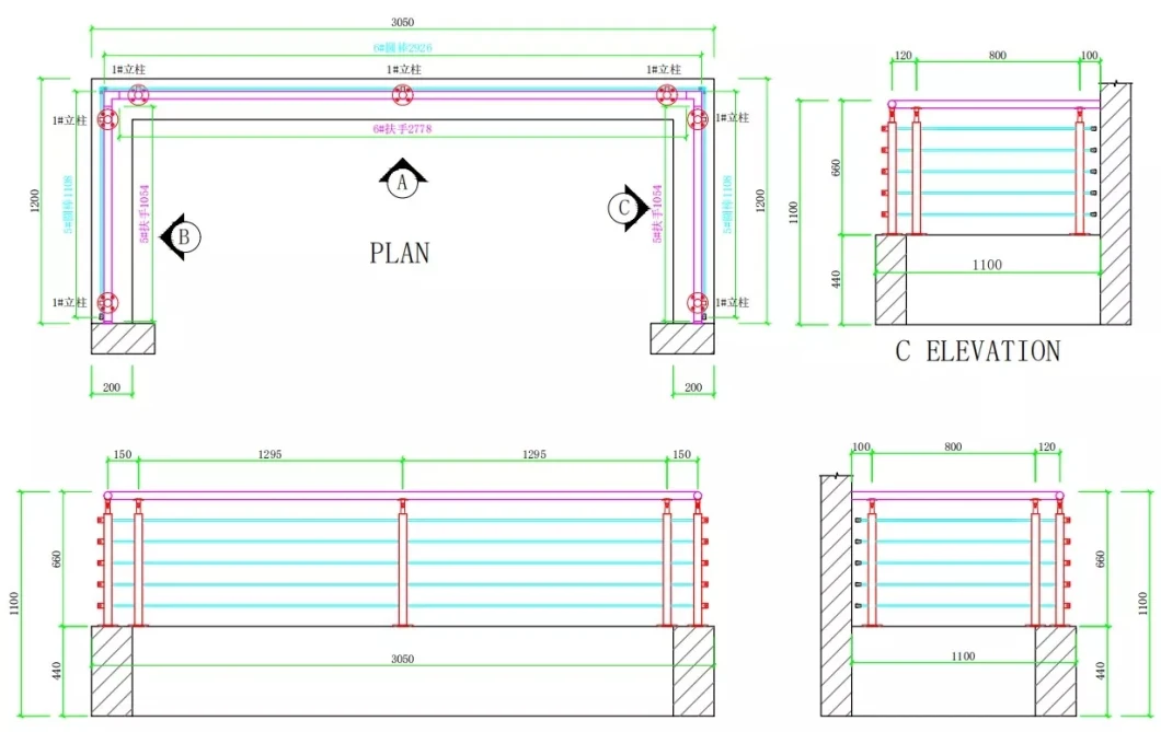 Stainless Steel Railing Post Balcony Side Mounted Cable Wire Stair Railing Balustrade with Railing Post