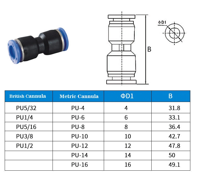 PU Series Straight 2 Way Plastic Pneumatic Fittings Quick Coupling Fitting Tube-to-Tube Push in Fitting