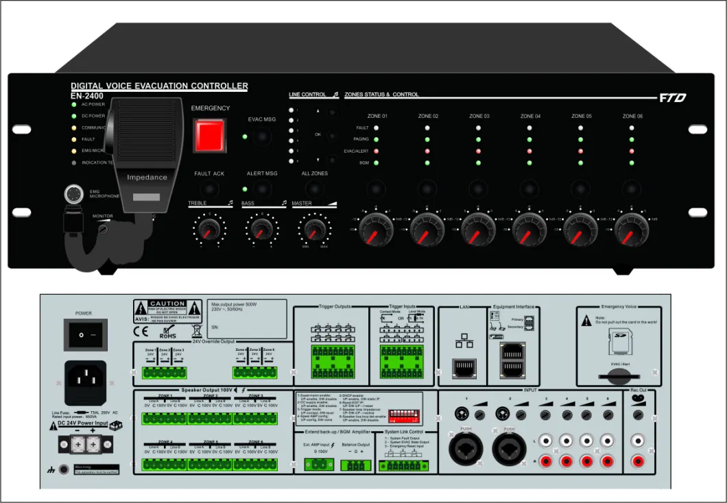 En54-16 Voice Alarm System 6 Zone Evac Controller