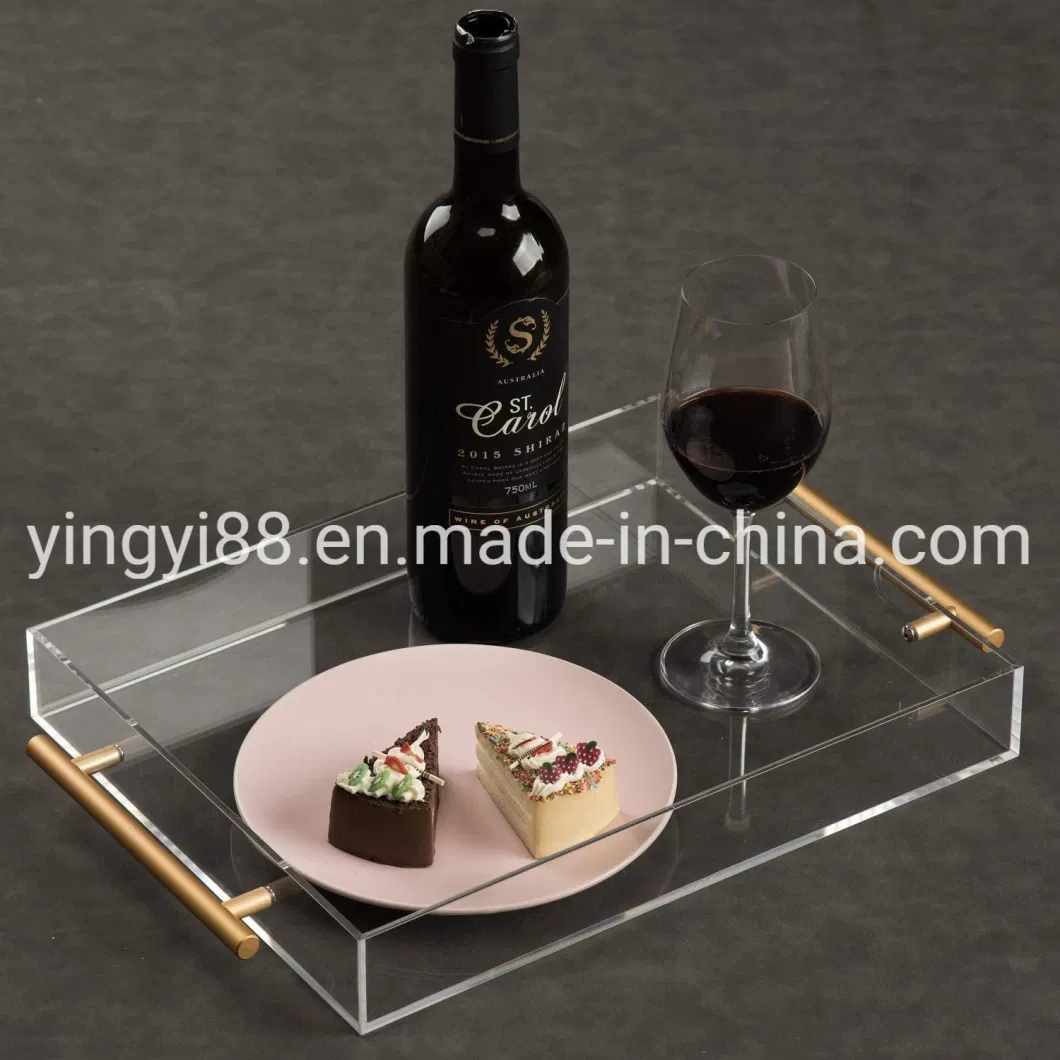 Wholesale Custom Clear Plexiglass Acrylic Rectangle Serving Tray with Golden Metal Handles