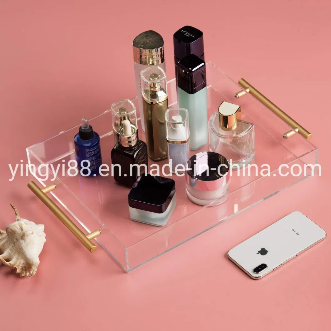 Wholesale Custom Clear Plexiglass Acrylic Rectangle Serving Tray with Golden Metal Handles