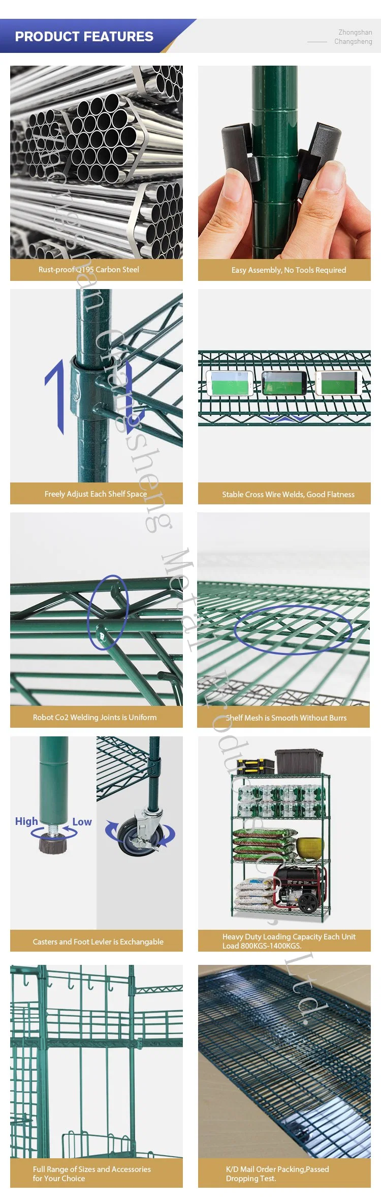 Factory Outlet 5 Tiers 350kgs Heavy Duty Warehouse Storage Steel Green Epoxy Coated Wire Shelving