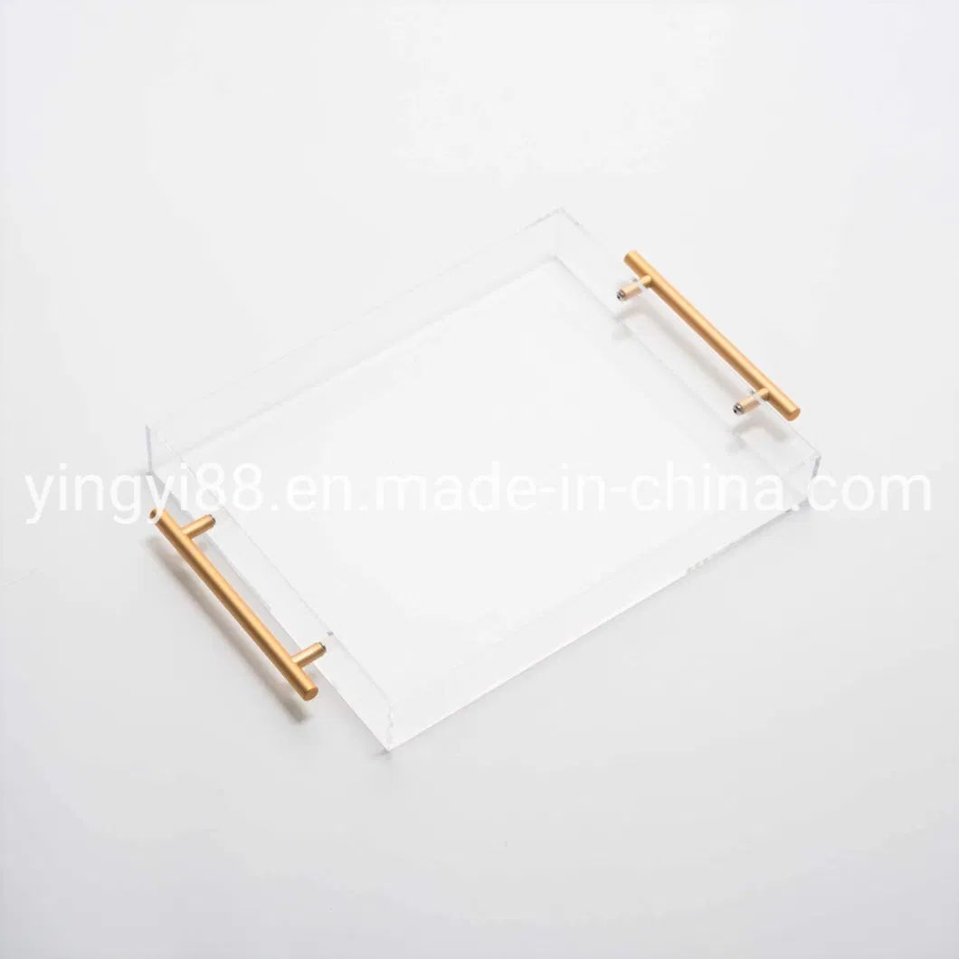 Wholesale Custom Clear Plexiglass Acrylic Rectangle Serving Tray with Golden Metal Handles