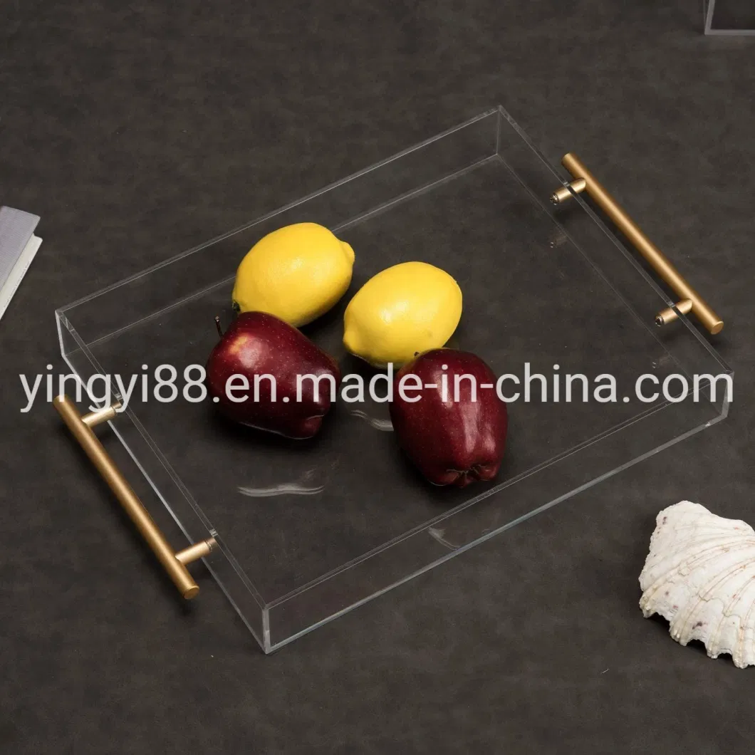 Wholesale Custom Clear Plexiglass Acrylic Rectangle Serving Tray with Golden Metal Handles