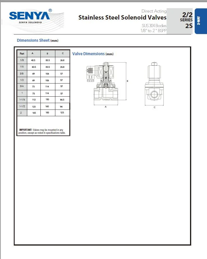 Senya Stainless Steel Easy-Mounting with Water-Proof Cable Solenoid Valve