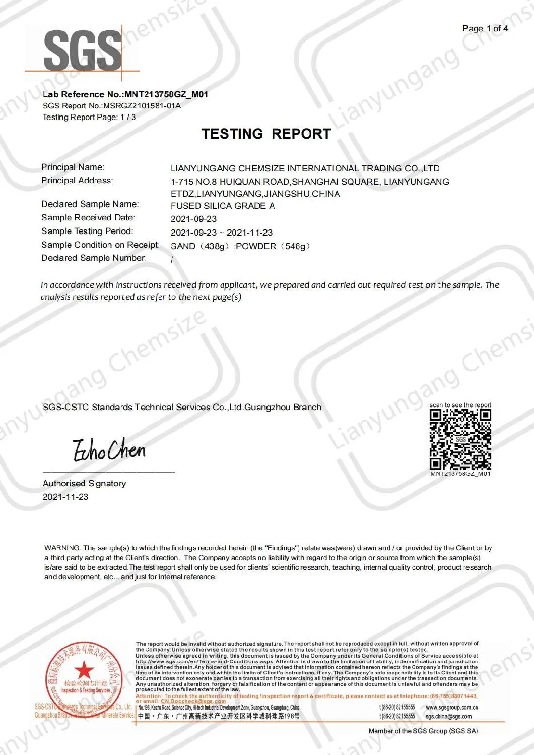 Fused Silica Powder and Fused Silica Sand for Making Refractory Lining Material