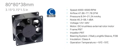 38mm 1200rpm*80*80 Ventilador axial de CC de alta velocidad para control industrial Equipo