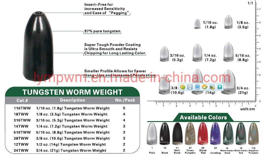 Watermelon Red Tungsten Worm Bullet Weights Tungsten Flipping Weight