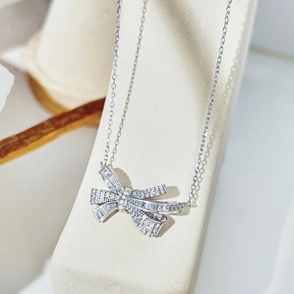 S925 Sterling Silver Bow Women&prime;s Miniature Inlaid Zircon Clavicle Chain