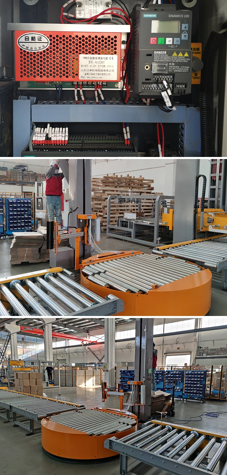 Fully Automatic Inline Stretch Film Pallet Wrapping Machine with Conveyor Turntable System