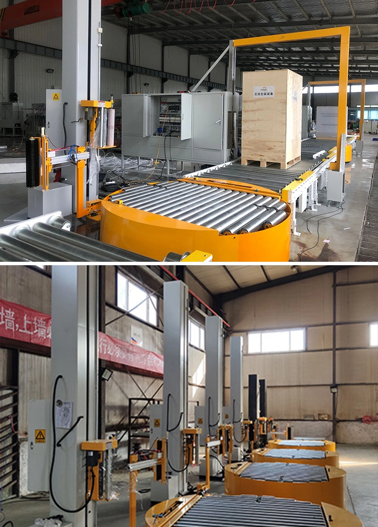 Fully Automatic Inline Stretch Film Pallet Wrapping Machine with Conveyor Turntable System