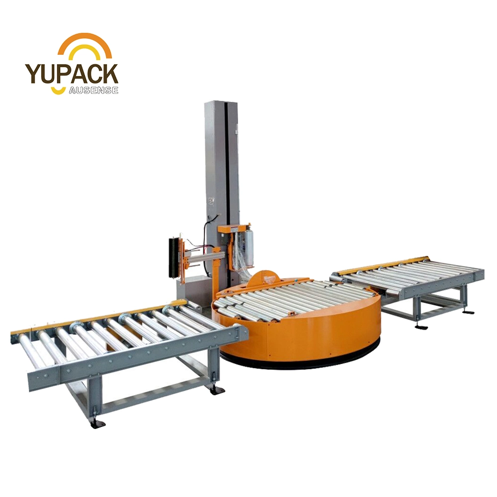 Fully Automatic Inline Stretch Film Pallet Wrapping Machine with Conveyor Turntable System