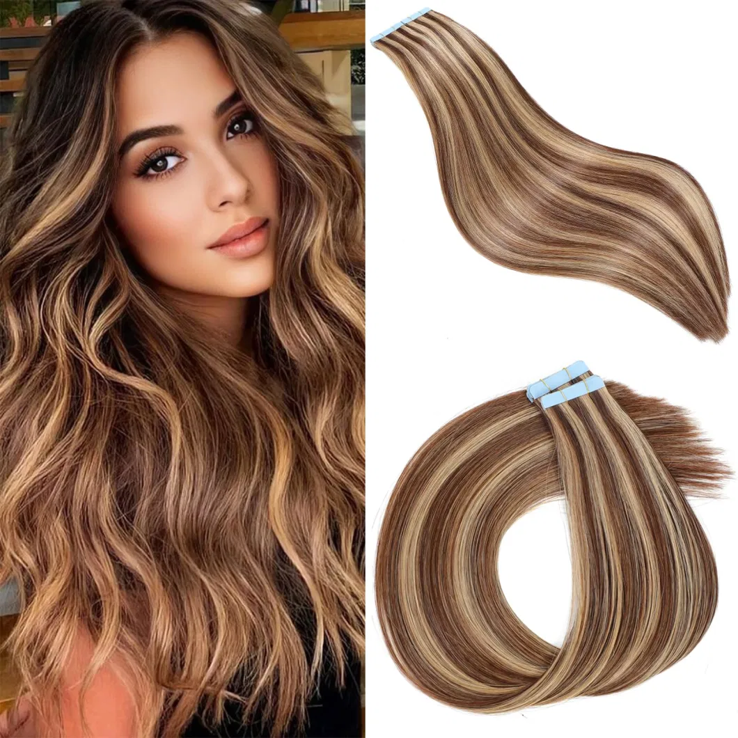 18 to 20 Inches Tape in Human Hair Extensions Chocolate Brown Caramel Brown Piano 100% Remy Human Hair Extensions Soft Thick to End 50g/Pack 20PCS Seamless