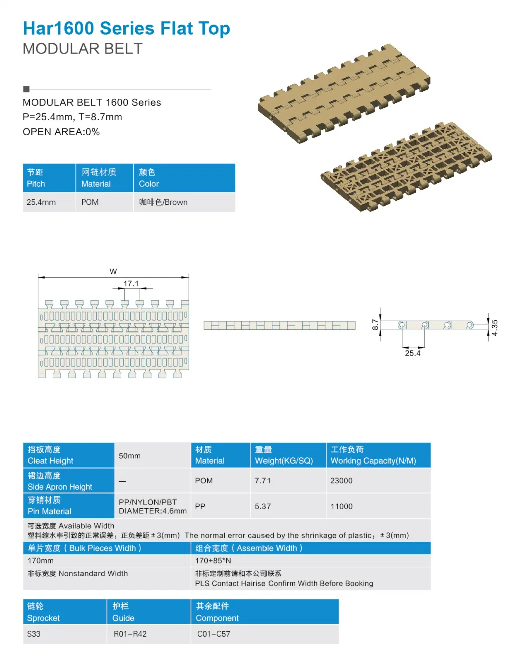 Standard 1600 Series Top Chain Conveyor Belt with Positrack with ISO&amp; CE &FDA Certificate