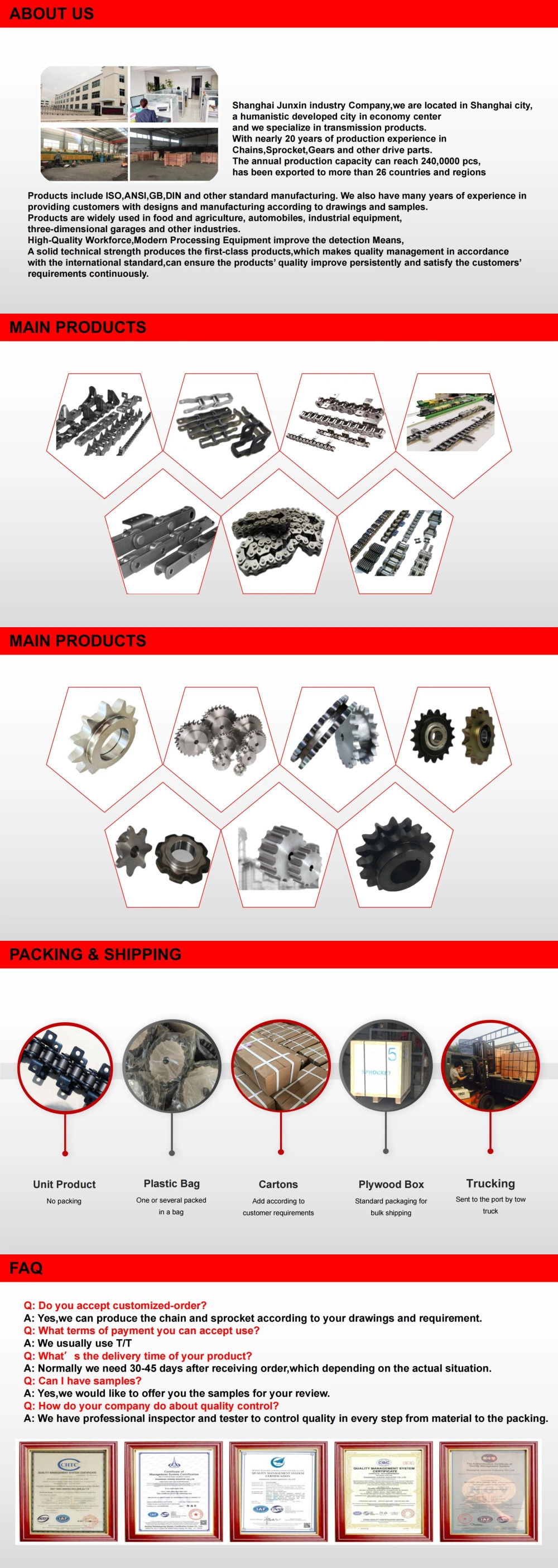 Stainless Steel Idler Taper Transmission Drive Gear Wheel Roller Chain and Sprockets