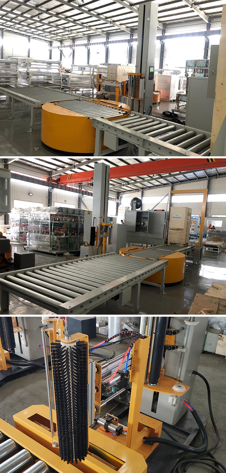 Fully Automatic Inline Stretch Film Pallet Wrapping Machine with Conveyor Turntable System