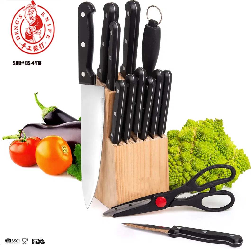 Ds-4418 14PCS Stainless Steel Serrated Knife Set Kitchen Knives Set with High-Carbon Stainless Steel Blades and Wood Block Set