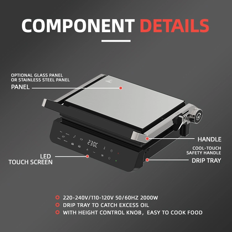 Newest 2000W 4-Slice Contact Grill Electric Digital Touch Screen BBQ Machine Open 180 Stainless Steel Non-Stick Coating