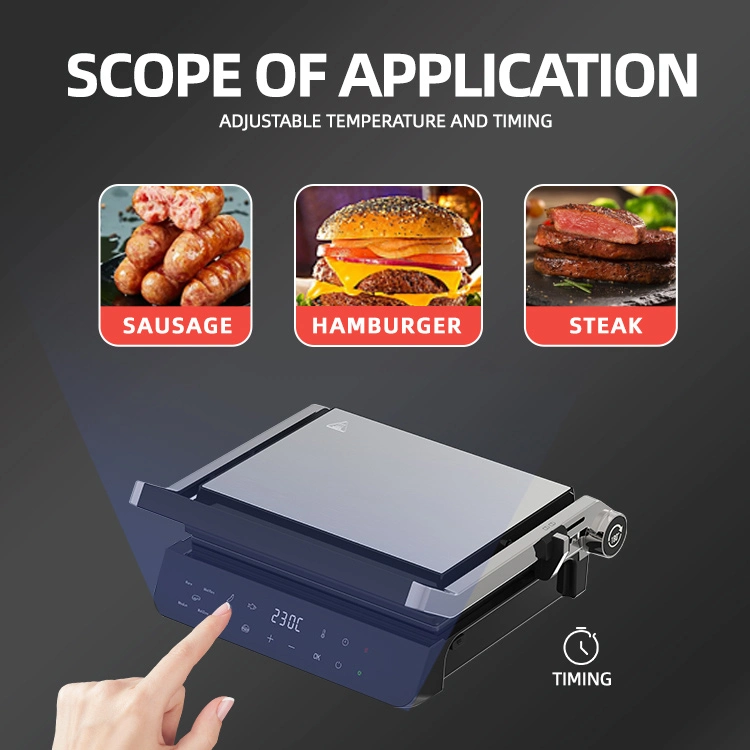 Newest 2000W 4-Slice Contact Grill Electric Digital Touch Screen BBQ Machine Open 180 Stainless Steel Non-Stick Coating