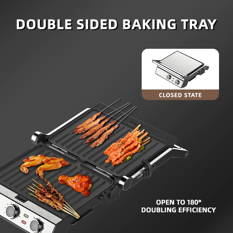 Newest 2000W 4-Slice Detachable Contact Grill Temperature Knob Control BBQ Machine Open 180 Stainless Steel Non-Stick Coating