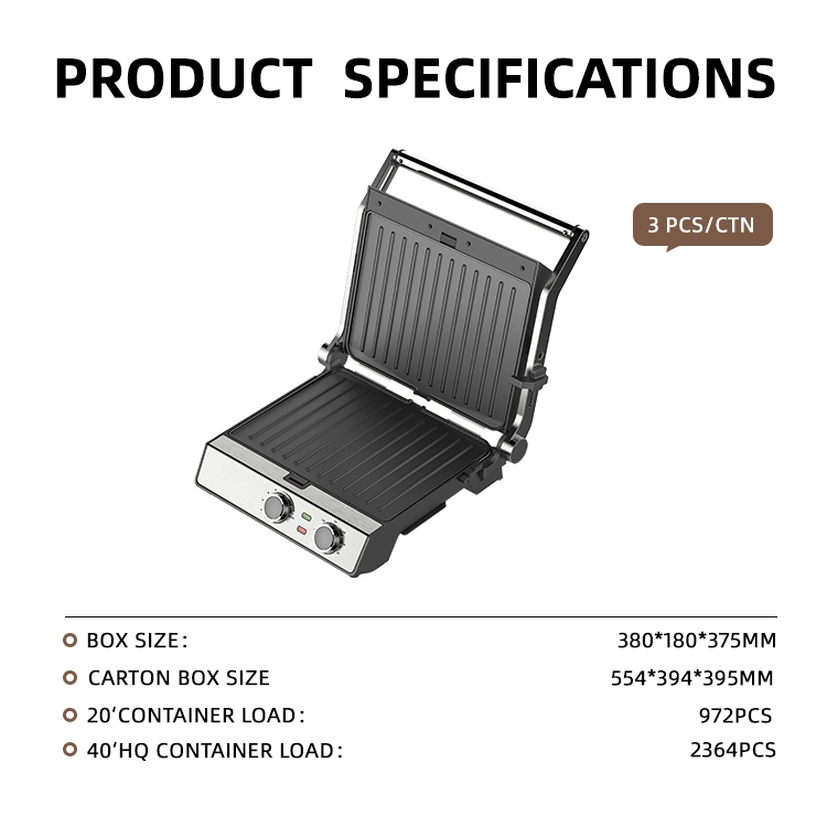 Newest 2000W 4-Slice Detachable Contact Grill Temperature Knob Control BBQ Machine Open 180 Stainless Steel Non-Stick Coating