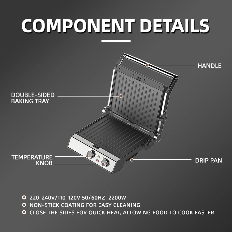 Newest 2000W 4-Slice Detachable Contact Grill Temperature Knob Control BBQ Machine Open 180 Stainless Steel Non-Stick Coating