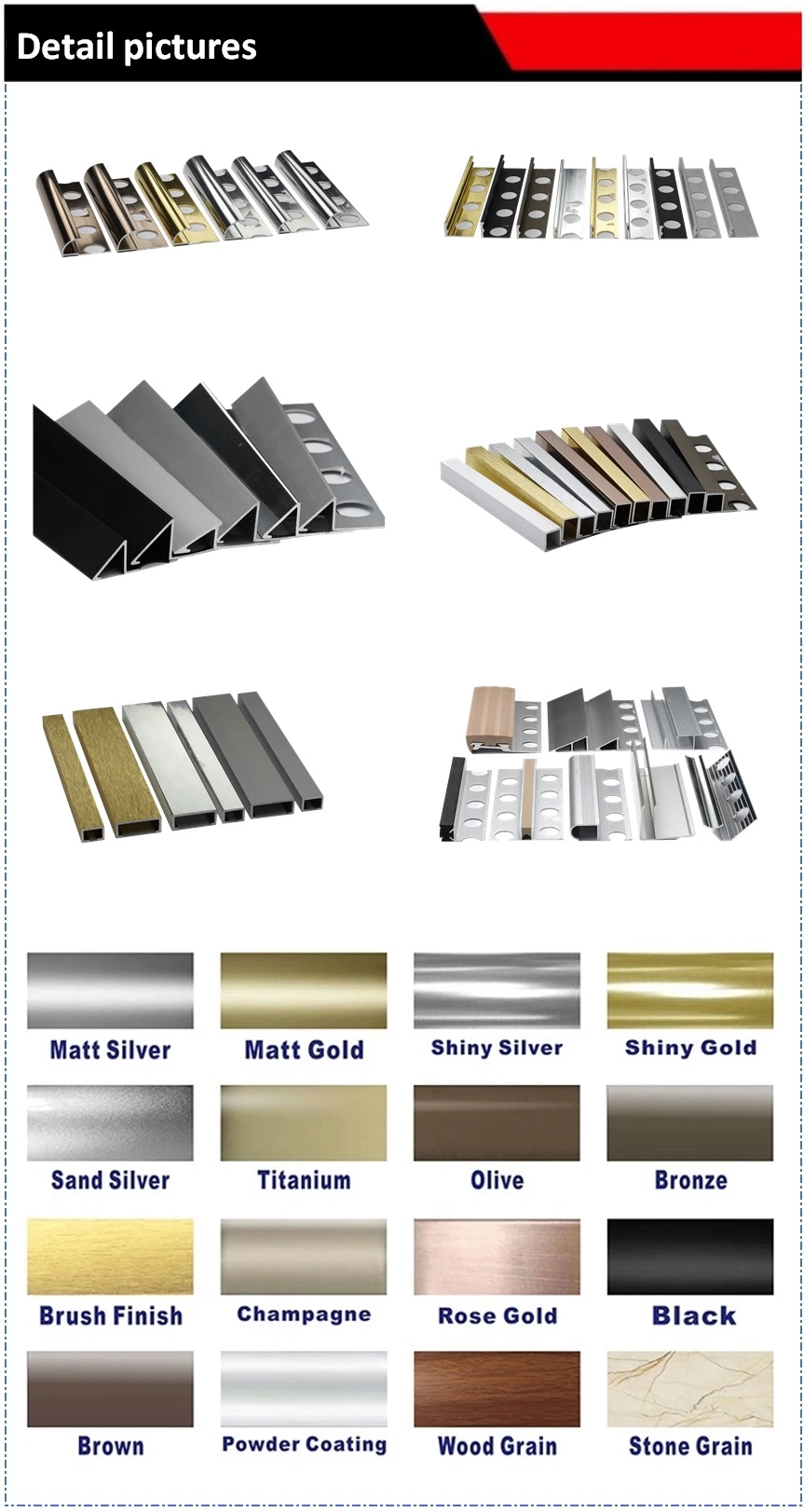 Aluminum Strip Listello Curved Tile Trim Sqaure Shape Aluminium Profile